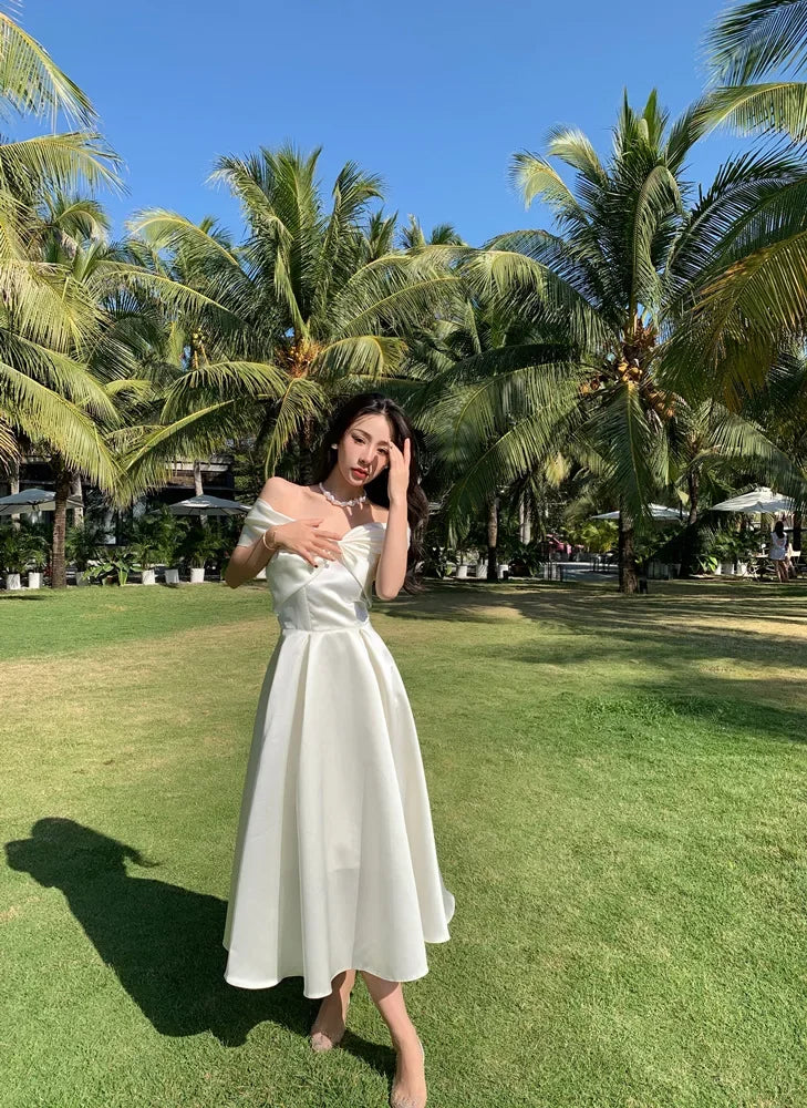 French Satin Off-Shoulder Dress Summer White Elegant Formal Evening Dress Dress Korean Wedding Banquet Dress Y2k Women Clothing