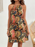 Bohemian Vacation Style Halter Neck Printed Dress for Women, Spring and Summer Style, Loose Fit for Petite Figures, Slimming Short A-Line Dress, Beach Vacation Photo Shoot Short Dress