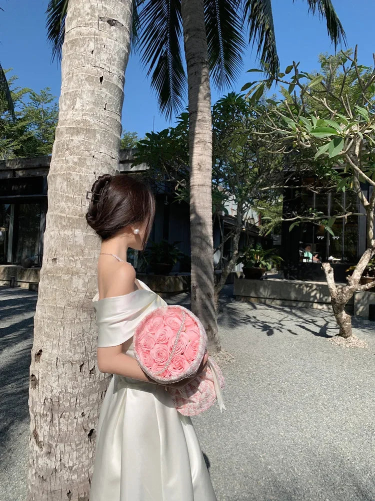 French Satin Off-Shoulder Dress Summer White Elegant Formal Evening Dress Dress Korean Wedding Banquet Dress Y2k Women Clothing