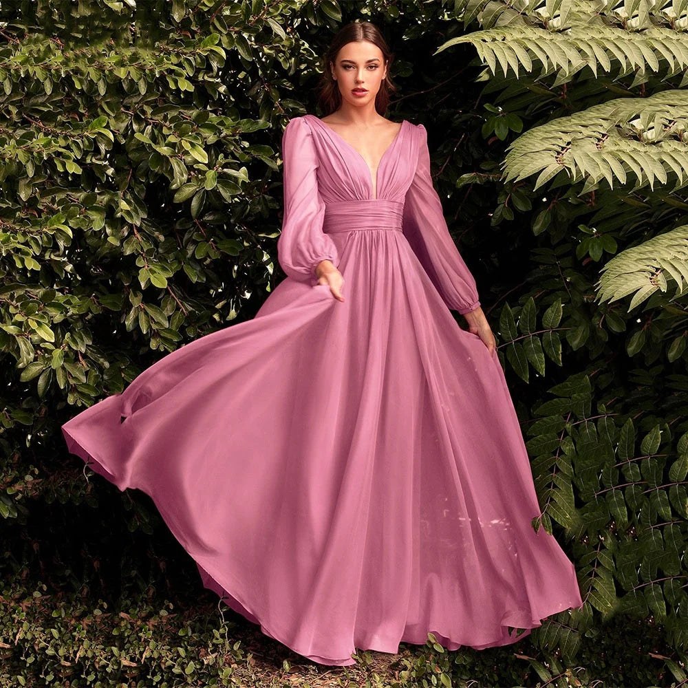 Chiffon Double V-neck Evening Dresses Long Sleeve Pleats Backless Ruched Prom Dress Elegant Women's Long Formal Party Gown