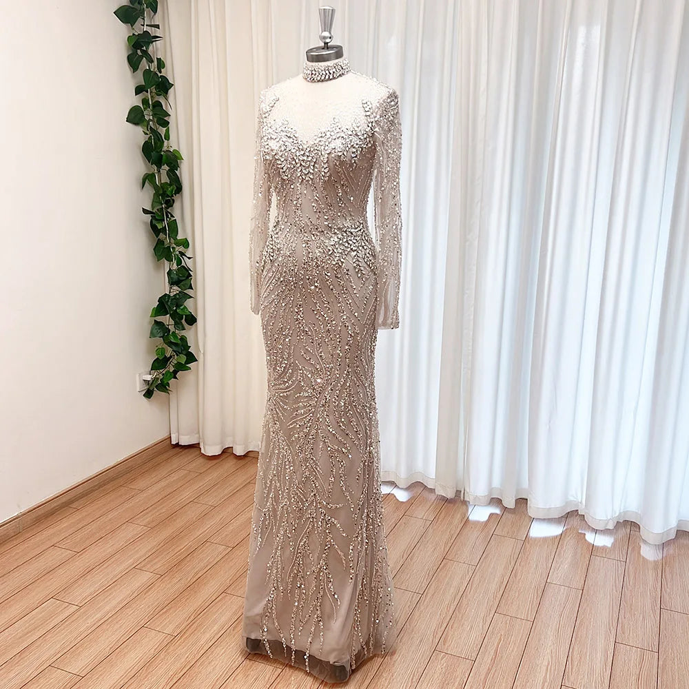 Elegant Muslim Bead Evening Dress for Women 2026 Luxury High Neck Long Sleeves Mermaid Formal Prom Wedding Party Gown Customized