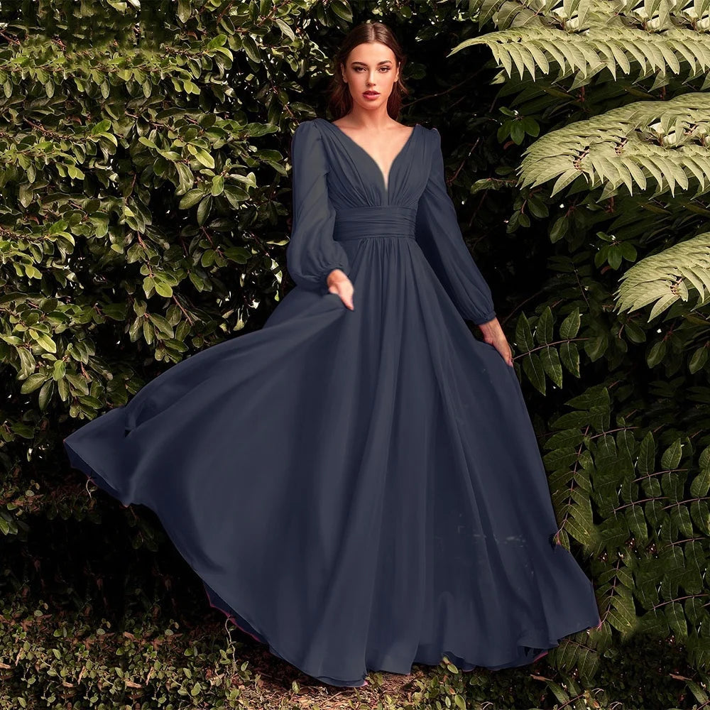 Chiffon Double V-neck Evening Dresses Long Sleeve Pleats Backless Ruched Prom Dress Elegant Women's Long Formal Party Gown