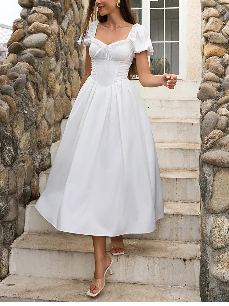 NewAsia Women's White Puff Sleeve Midi Dress Lace Trim A-Line Backless Tie Pockets Elegant Wedding Guest Vacation Long Dresses