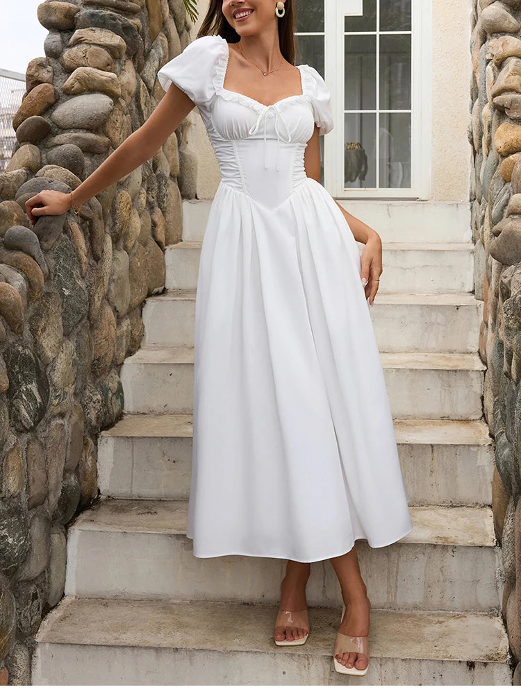 NewAsia Women's White Puff Sleeve Midi Dress Lace Trim A-Line Backless Tie Pockets Elegant Wedding Guest Vacation Long Dresses