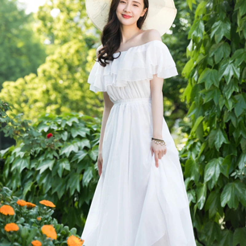 Women's Summer Beach Style Chiffon White Long Dress Lady Graceful Fairy Layers Ruffles Off-Shoulder Dresses Evening Party Gown
