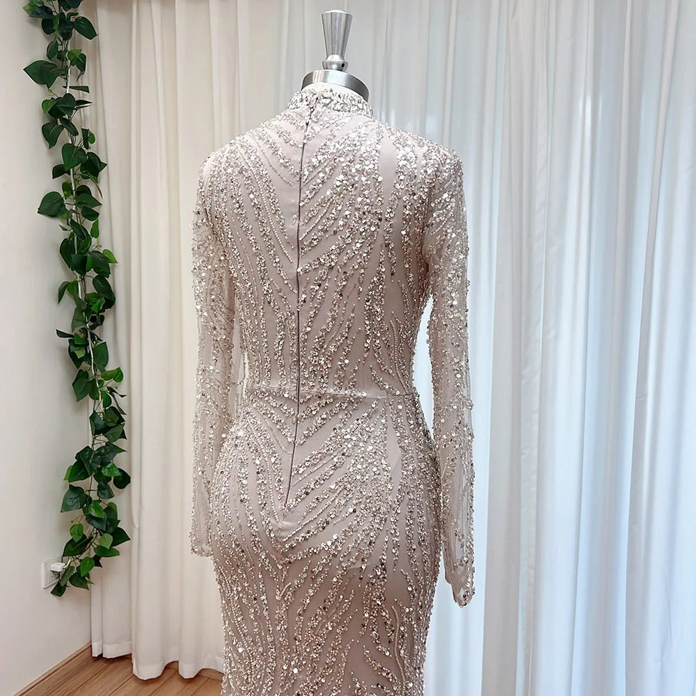 Elegant Muslim Bead Evening Dress for Women 2026 Luxury High Neck Long Sleeves Mermaid Formal Prom Wedding Party Gown Customized