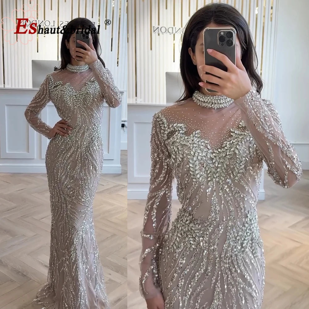 Elegant Muslim Bead Evening Dress for Women 2026 Luxury High Neck Long Sleeves Mermaid Formal Prom Wedding Party Gown Customized