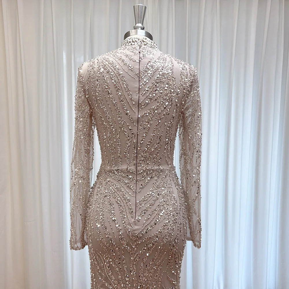 Elegant Muslim Bead Evening Dress for Women 2026 Luxury High Neck Long Sleeves Mermaid Formal Prom Wedding Party Gown Customized