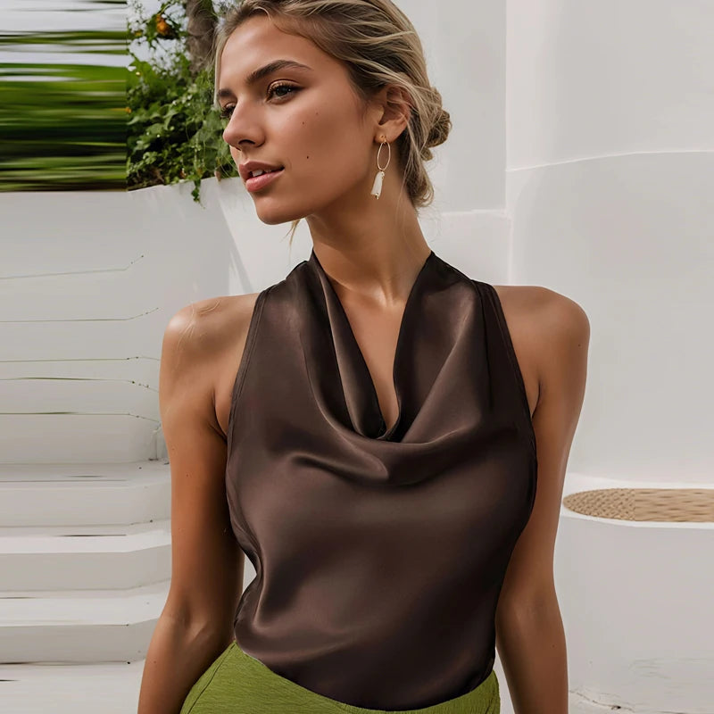 HXAO Top Women Halter Satin Women Tops Backless Corset Top Vest Yellow Pink Black Summer Elegant Sexy Tops Tank Vestidos