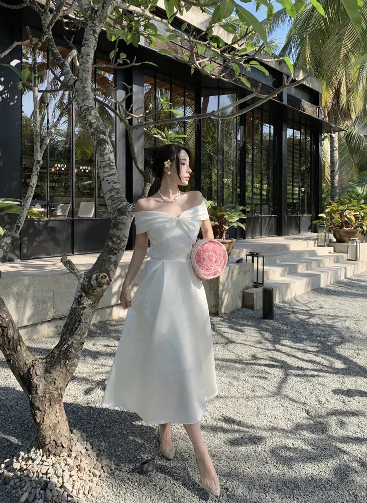 French Satin Off-Shoulder Dress Summer White Elegant Formal Evening Dress Dress Korean Wedding Banquet Dress Y2k Women Clothing