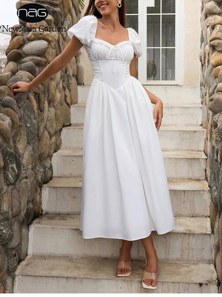 NewAsia Women's White Puff Sleeve Midi Dress Lace Trim A-Line Backless Tie Pockets Elegant Wedding Guest Vacation Long Dresses