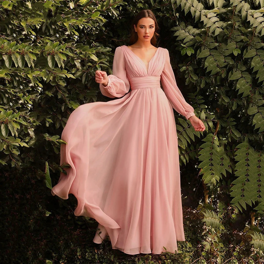 Chiffon Double V-neck Evening Dresses Long Sleeve Pleats Backless Ruched Prom Dress Elegant Women's Long Formal Party Gown