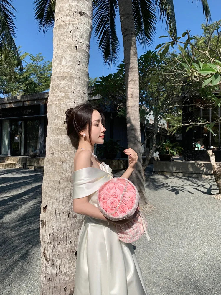 French Satin Off-Shoulder Dress Summer White Elegant Formal Evening Dress Dress Korean Wedding Banquet Dress Y2k Women Clothing