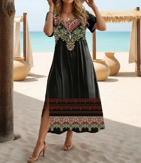 Ethnic Bohemian floral print casual vacation short-sleeved large-size dress