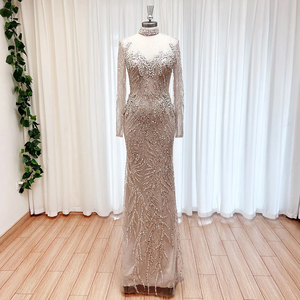 Elegant Muslim Bead Evening Dress for Women 2026 Luxury High Neck Long Sleeves Mermaid Formal Prom Wedding Party Gown Customized