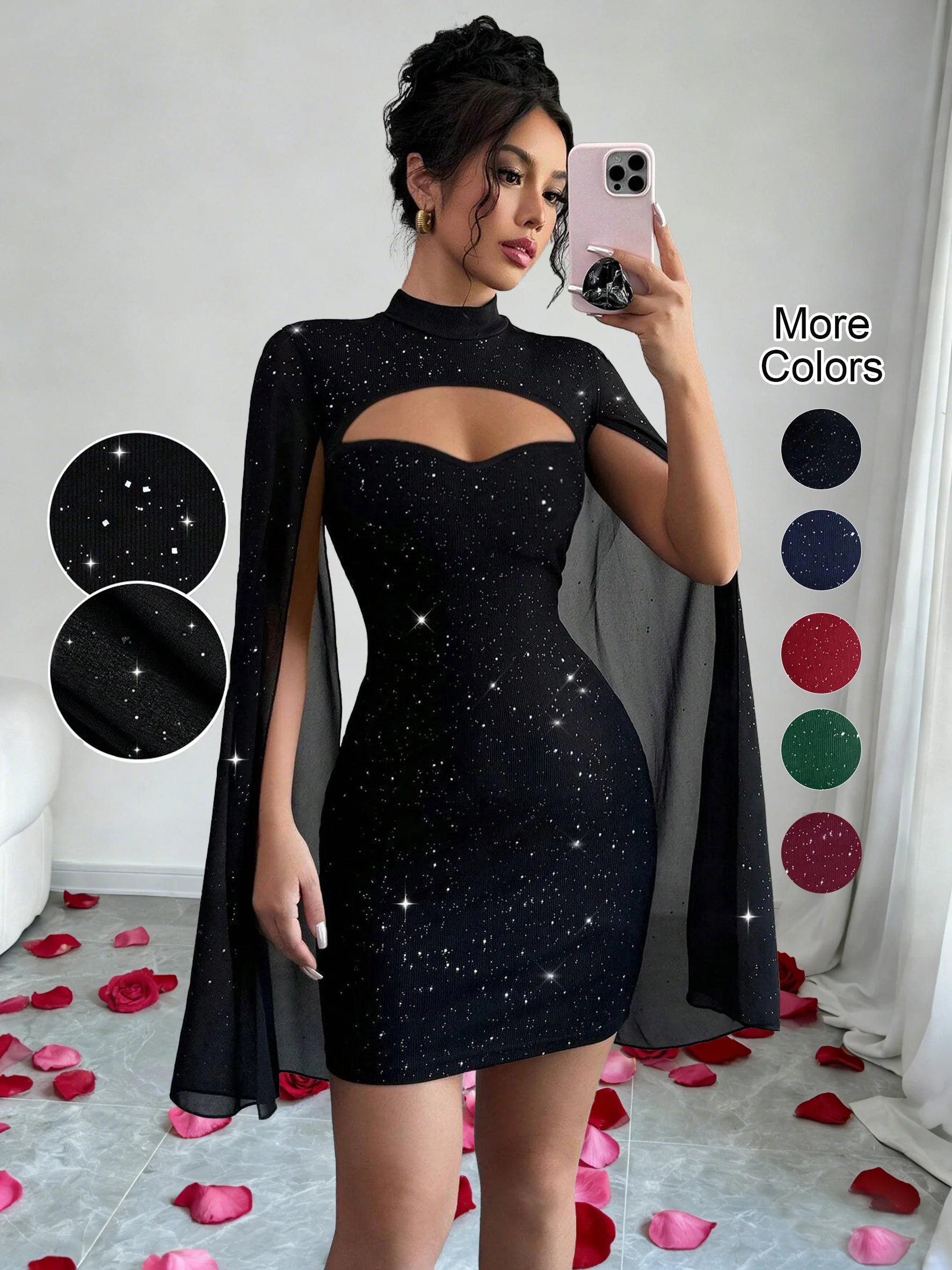 Sexy Women's Stand Collar Cape Mini Dress Sequins Sparkling Club Party Night Out Fitted Bodycon Elegant Autumn Winter