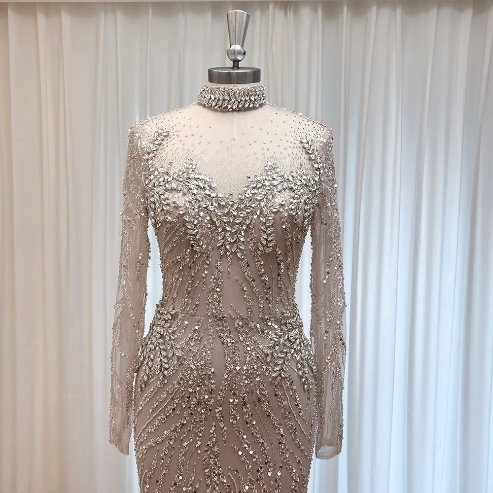 Elegant Muslim Bead Evening Dress for Women 2026 Luxury High Neck Long Sleeves Mermaid Formal Prom Wedding Party Gown Customized
