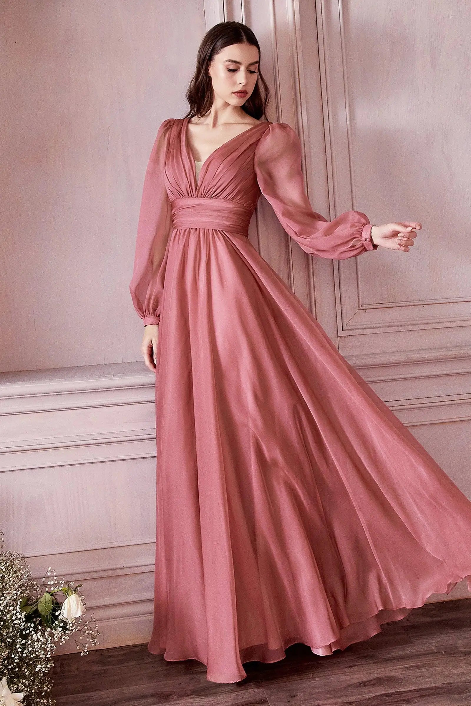 Chiffon Double V-neck Evening Dresses Long Sleeve Pleats Backless Ruched Prom Dress Elegant Women's Long Formal Party Gown