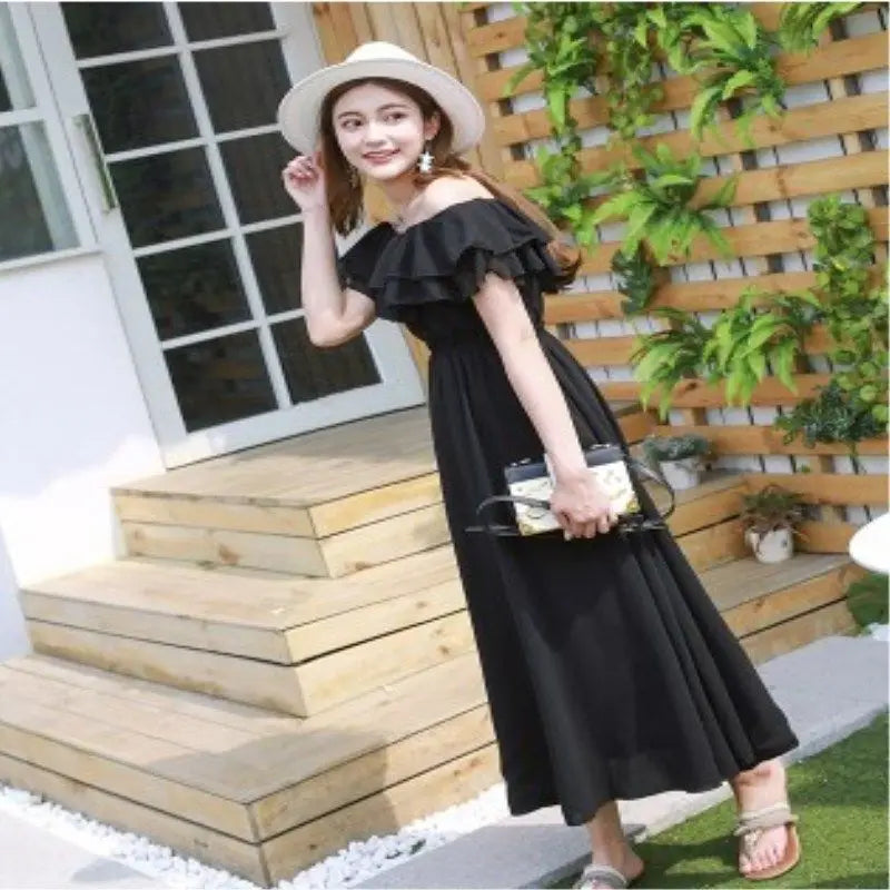 Women's Summer Beach Style Chiffon White Long Dress Lady Graceful Fairy Layers Ruffles Off-Shoulder Dresses Evening Party Gown
