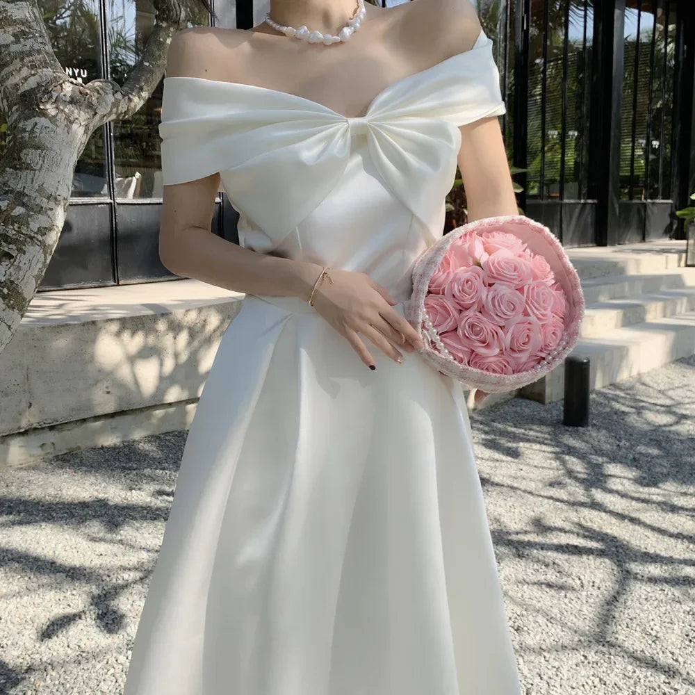 French Satin Off-Shoulder Dress Summer White Elegant Formal Evening Dress Dress Korean Wedding Banquet Dress Y2k Women Clothing