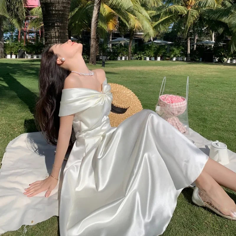 French Satin Off-Shoulder Dress Summer White Elegant Formal Evening Dress Dress Korean Wedding Banquet Dress Y2k Women Clothing