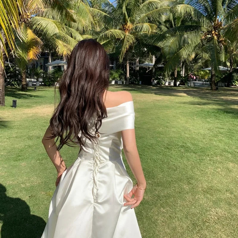 French Satin Off-Shoulder Dress Summer White Elegant Formal Evening Dress Dress Korean Wedding Banquet Dress Y2k Women Clothing