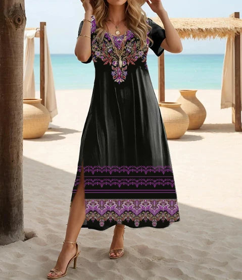 Ethnic Bohemian floral print casual vacation short-sleeved large-size dress