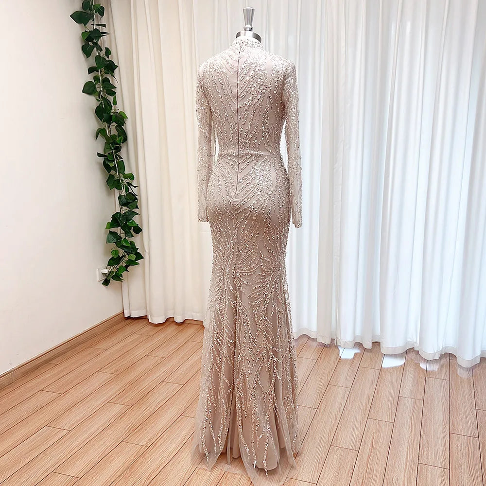 Elegant Muslim Bead Evening Dress for Women 2026 Luxury High Neck Long Sleeves Mermaid Formal Prom Wedding Party Gown Customized