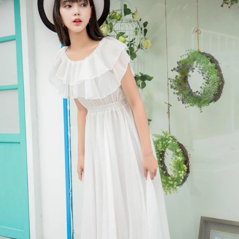 Women's Summer Beach Style Chiffon White Long Dress Lady Graceful Fairy Layers Ruffles Off-Shoulder Dresses Evening Party Gown