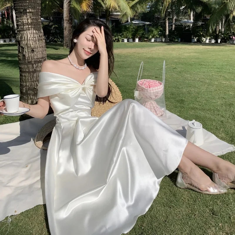 French Satin Off-Shoulder Dress Summer White Elegant Formal Evening Dress Dress Korean Wedding Banquet Dress Y2k Women Clothing
