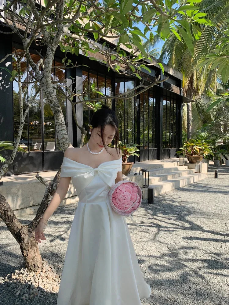 French Satin Off-Shoulder Dress Summer White Elegant Formal Evening Dress Dress Korean Wedding Banquet Dress Y2k Women Clothing