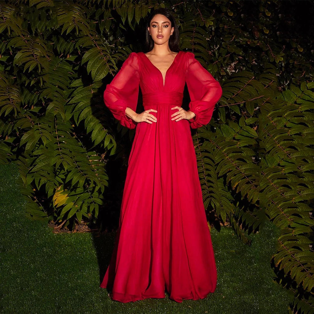 Chiffon Double V-neck Evening Dresses Long Sleeve Pleats Backless Ruched Prom Dress Elegant Women's Long Formal Party Gown