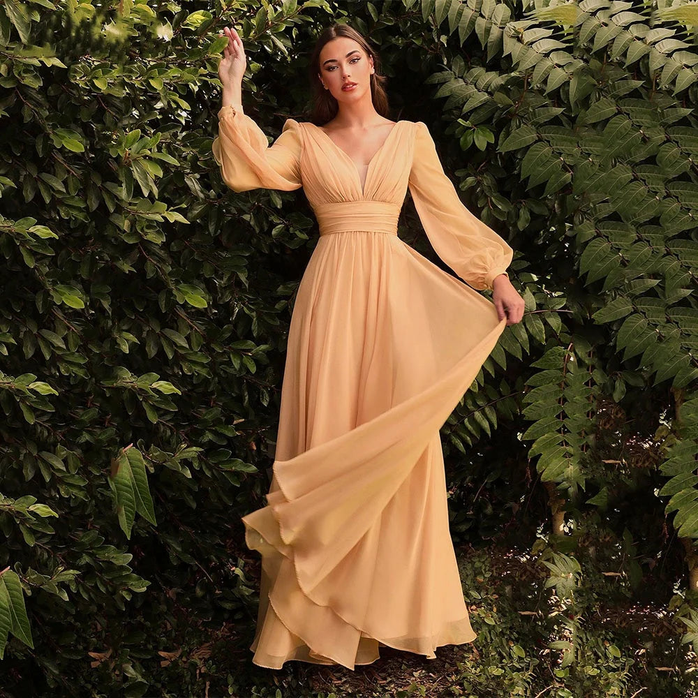 Chiffon Double V-neck Evening Dresses Long Sleeve Pleats Backless Ruched Prom Dress Elegant Women's Long Formal Party Gown