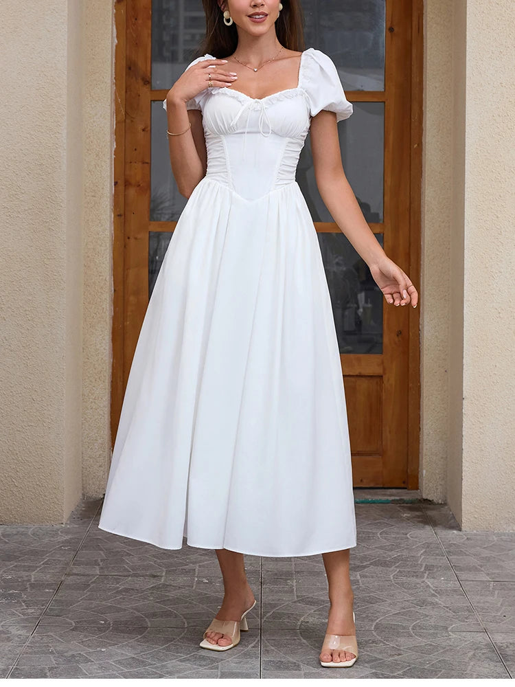 NewAsia Women's White Puff Sleeve Midi Dress Lace Trim A-Line Backless Tie Pockets Elegant Wedding Guest Vacation Long Dresses