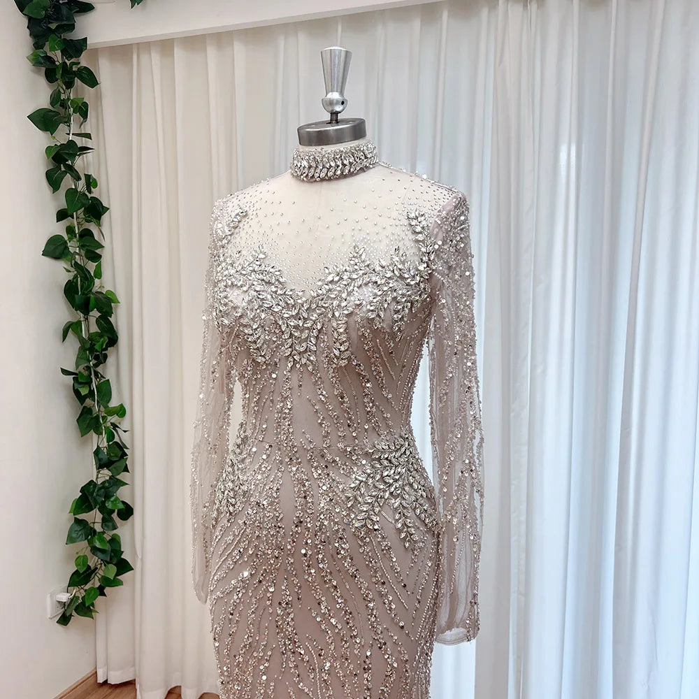 Elegant Muslim Bead Evening Dress for Women 2026 Luxury High Neck Long Sleeves Mermaid Formal Prom Wedding Party Gown Customized