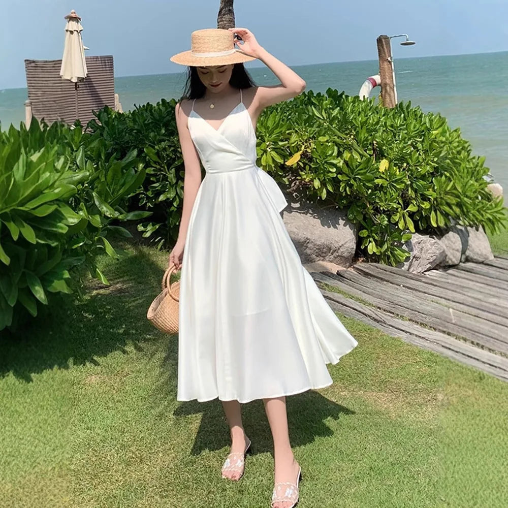 Sanya Travel Backless Strap Dress Beach Vacation White Fairy Skirt Slimming Summer Polyester Midi Skirt Sweet Style Freshness