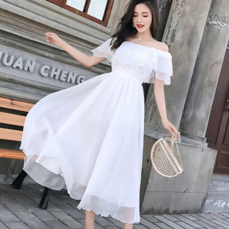 Women's Summer Beach Style Chiffon White Long Dress Lady Graceful Fairy Layers Ruffles Off-Shoulder Dresses Evening Party Gown