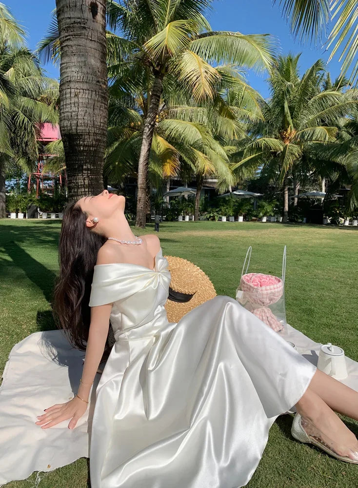 French Satin Off-Shoulder Dress Summer White Elegant Formal Evening Dress Dress Korean Wedding Banquet Dress Y2k Women Clothing
