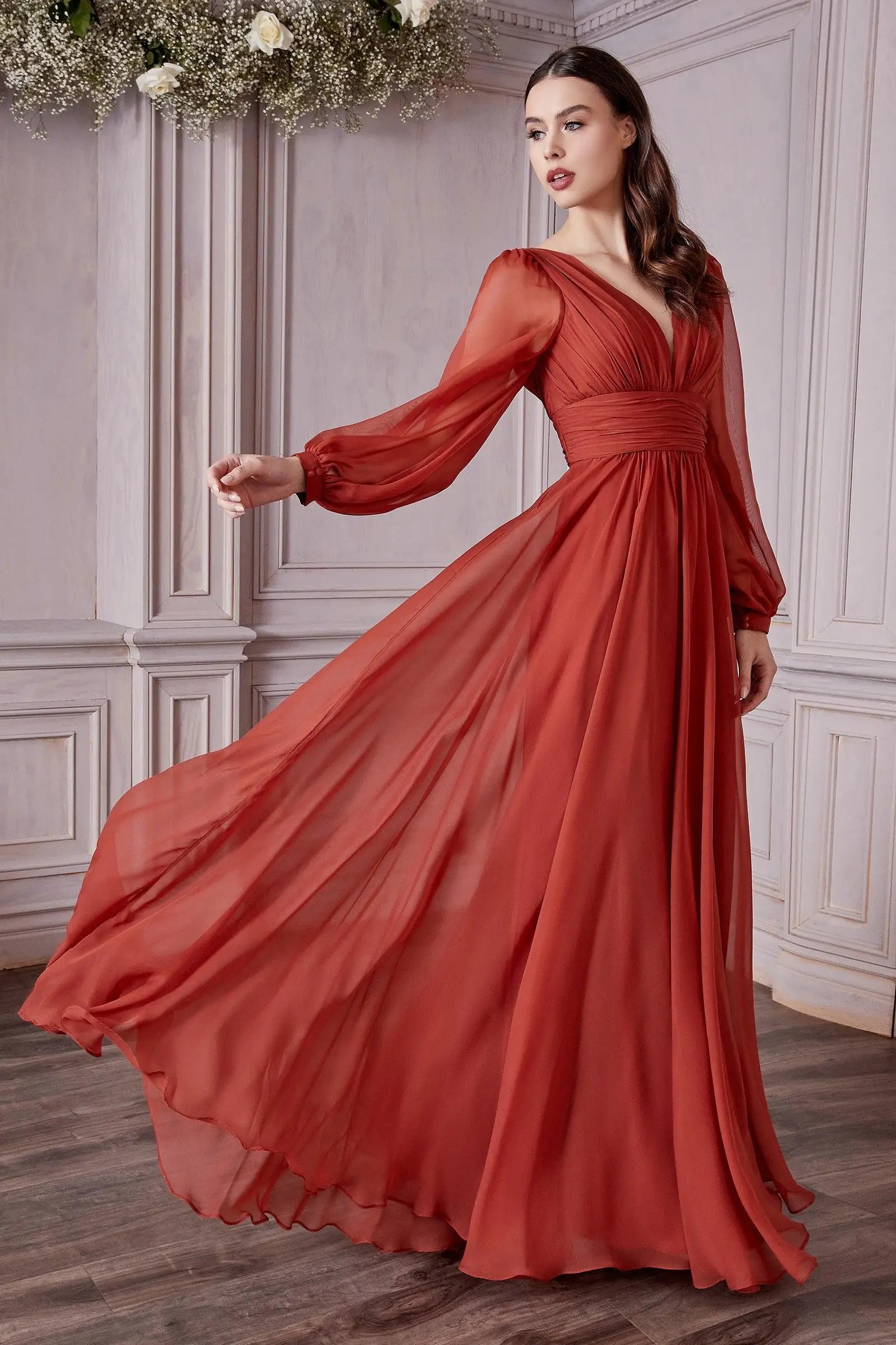 Chiffon Double V-neck Evening Dresses Long Sleeve Pleats Backless Ruched Prom Dress Elegant Women's Long Formal Party Gown