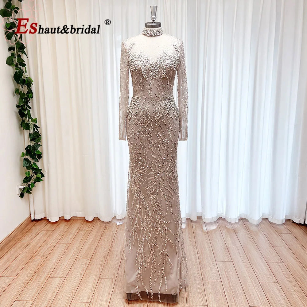 Elegant Muslim Bead Evening Dress for Women 2026 Luxury High Neck Long Sleeves Mermaid Formal Prom Wedding Party Gown Customized