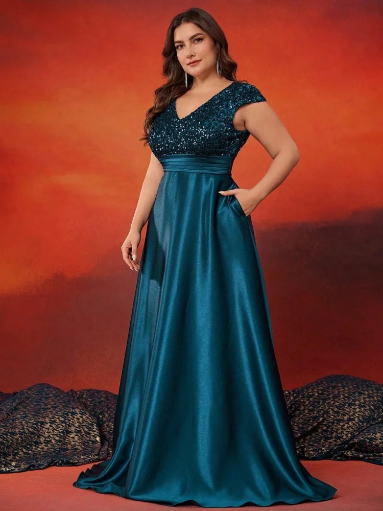 Plus Size Elegant V-Neck Green Sequin Evening Dress Long Luxury Women Satin Short Sleeves Party Prom Cocktail  Dress
