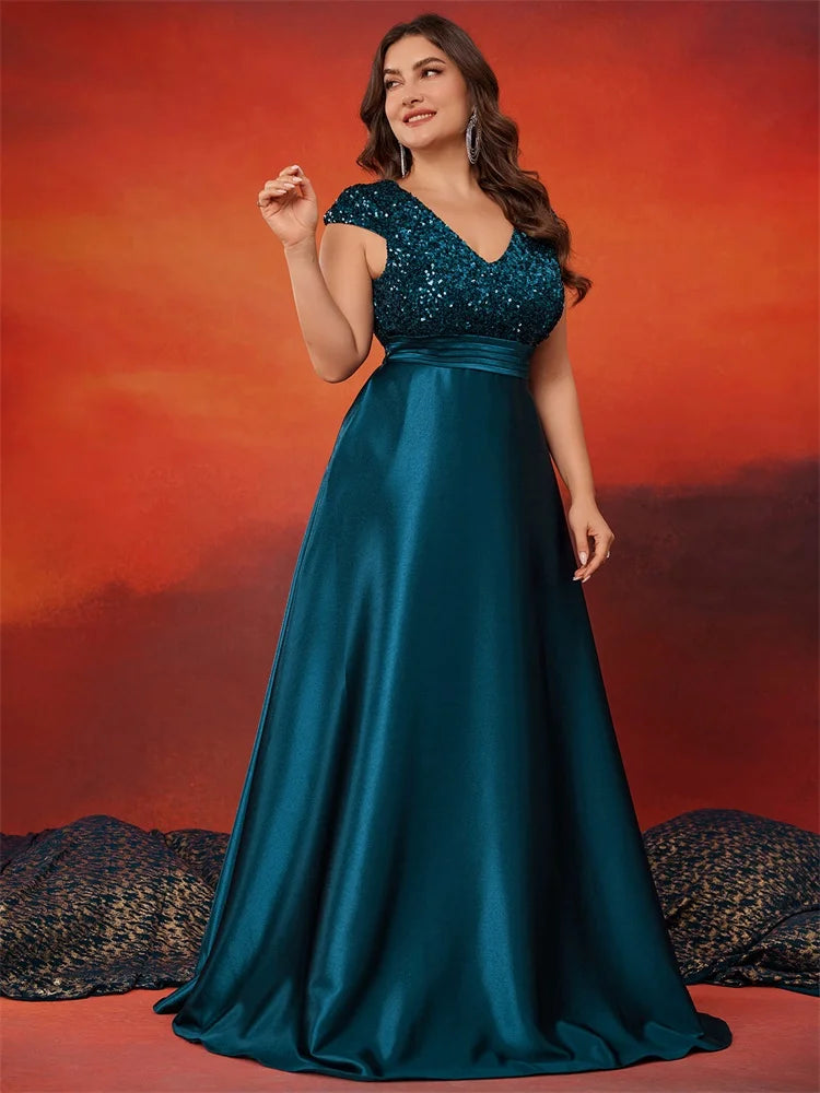 Plus Size Elegant V-Neck Green Sequin Evening Dress Long Luxury Women Satin Short Sleeves Party Prom Cocktail  Dress