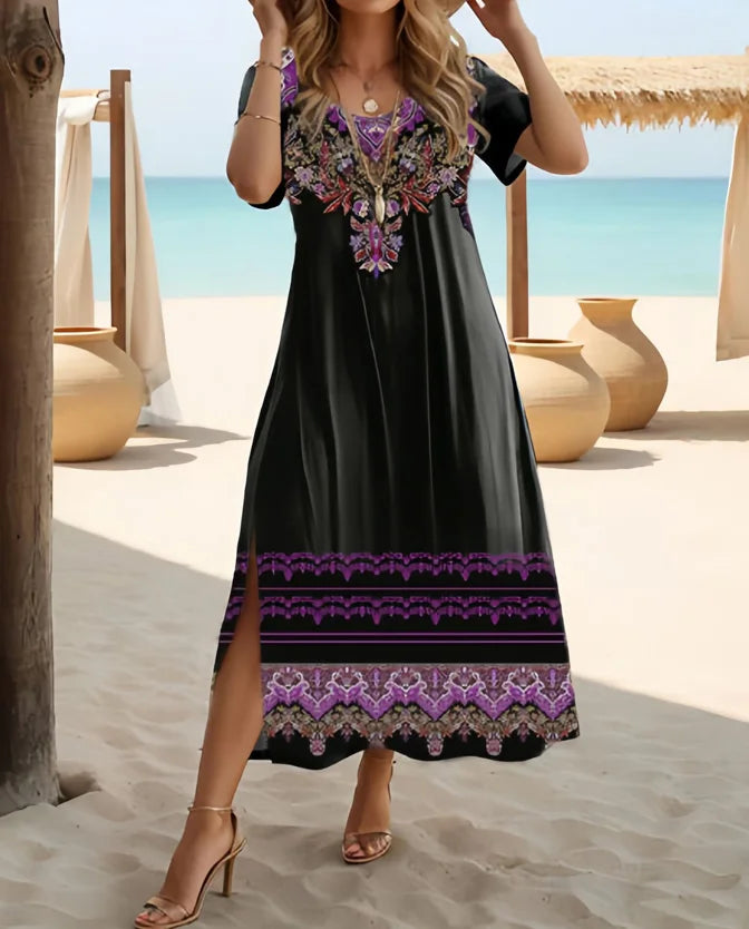 Ethnic Bohemian floral print casual vacation short-sleeved large-size dress