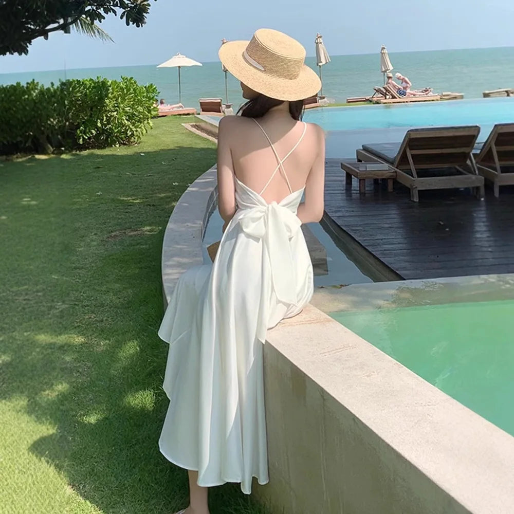 Sanya Travel Backless Strap Dress Beach Vacation White Fairy Skirt Slimming Summer Polyester Midi Skirt Sweet Style Freshness