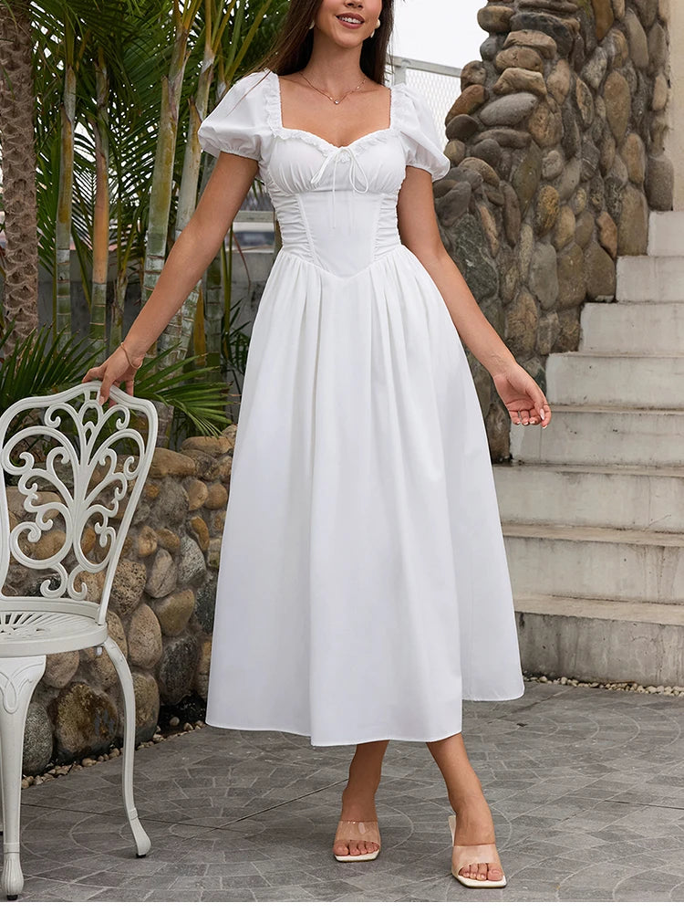 NewAsia Women's White Puff Sleeve Midi Dress Lace Trim A-Line Backless Tie Pockets Elegant Wedding Guest Vacation Long Dresses