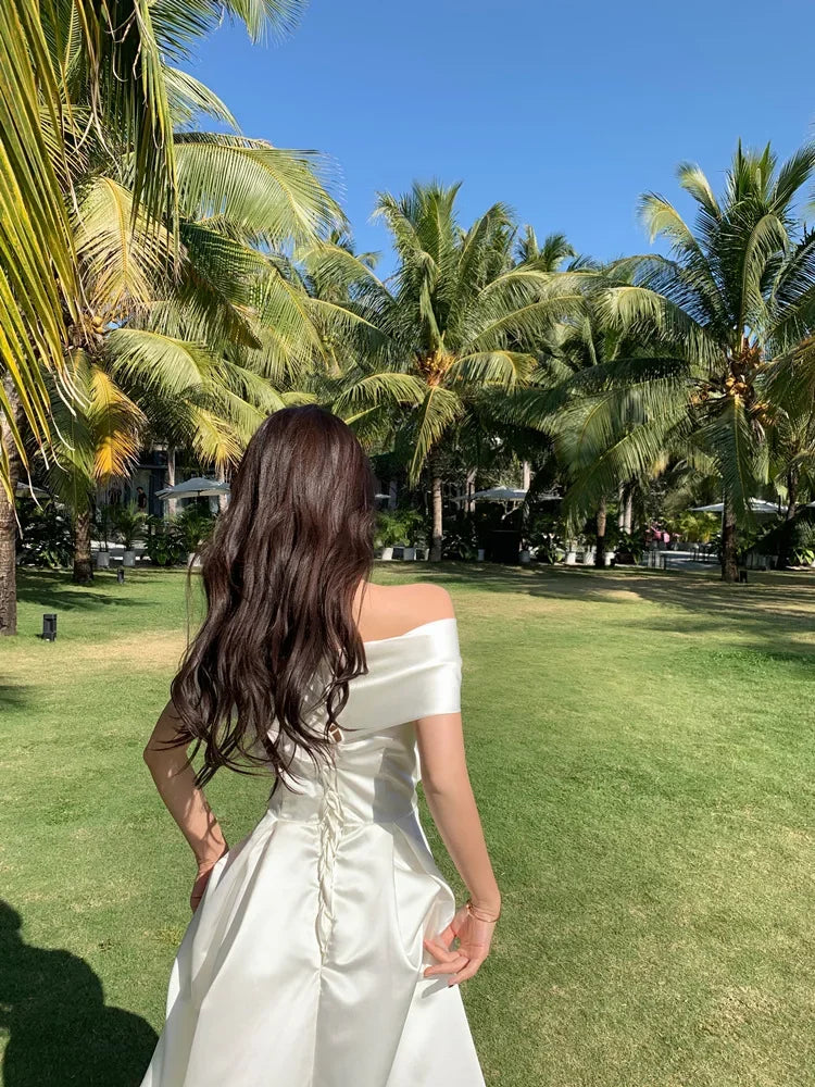 French Satin Off-Shoulder Dress Summer White Elegant Formal Evening Dress Dress Korean Wedding Banquet Dress Y2k Women Clothing
