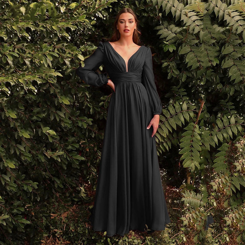 Chiffon Double V-neck Evening Dresses Long Sleeve Pleats Backless Ruched Prom Dress Elegant Women's Long Formal Party Gown