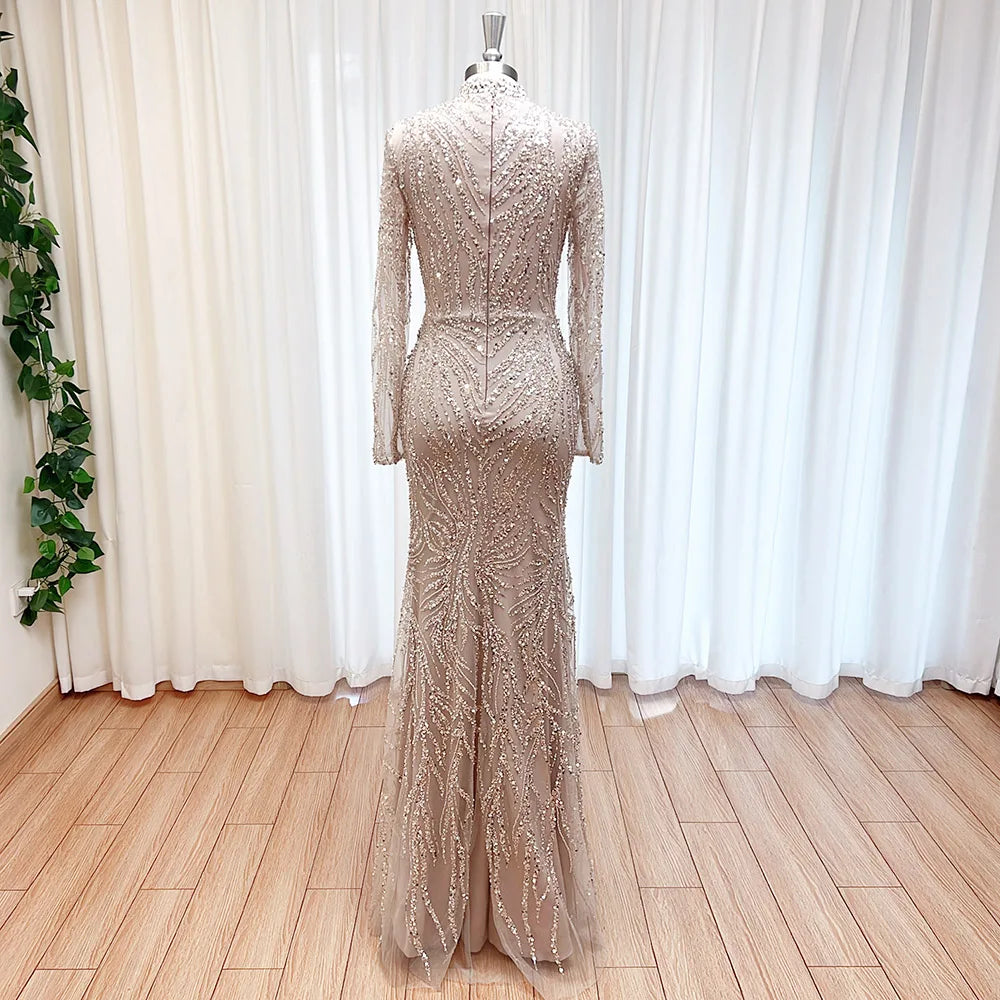 Elegant Muslim Bead Evening Dress for Women 2026 Luxury High Neck Long Sleeves Mermaid Formal Prom Wedding Party Gown Customized