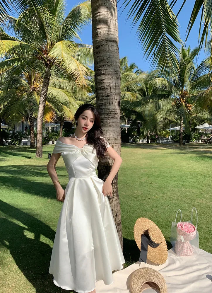 French Satin Off-Shoulder Dress Summer White Elegant Formal Evening Dress Dress Korean Wedding Banquet Dress Y2k Women Clothing