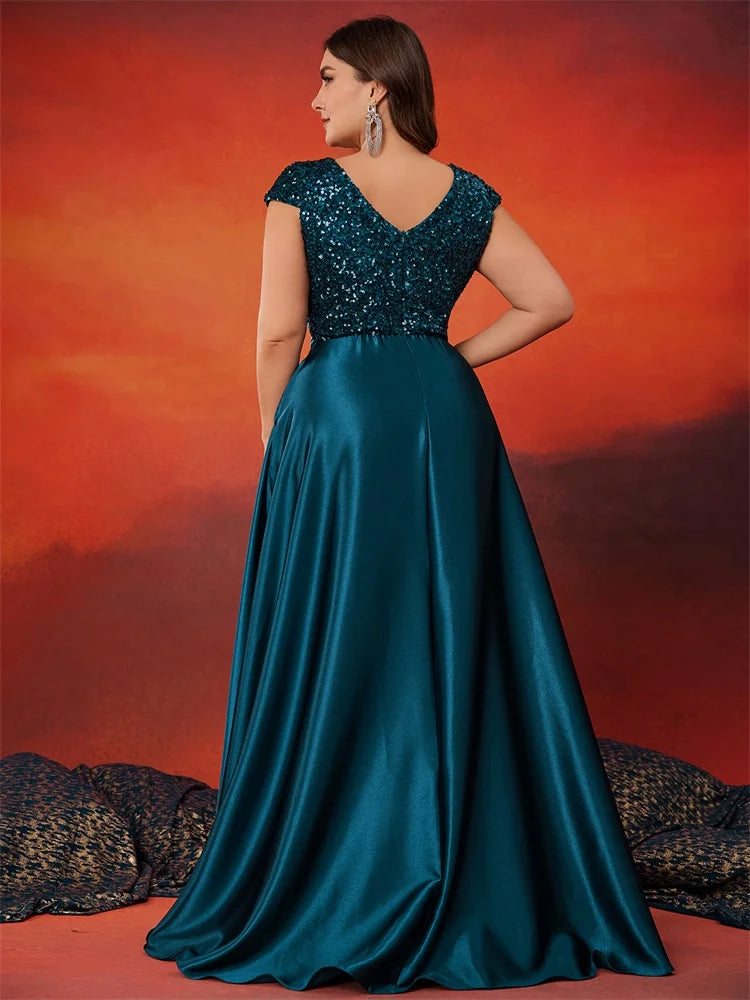 Plus Size Elegant V-Neck Green Sequin Evening Dress Long Luxury Women Satin Short Sleeves Party Prom Cocktail  Dress